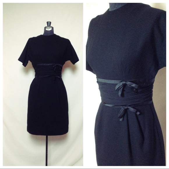 VTG Black Wool 60s Mod Pin Up Rockabilly  Dress - Picture 2 of 7